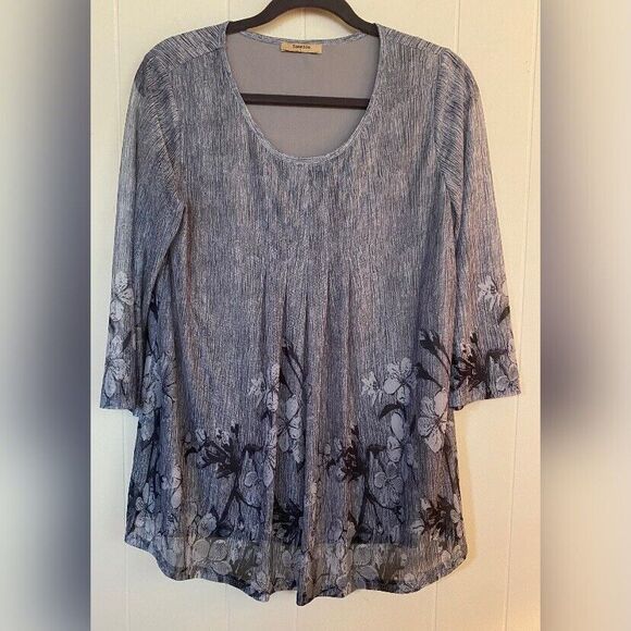 Timeson Blouse Women’s Large Blue Floral Pleated Tunic Fairycore - Picture 1 of 6